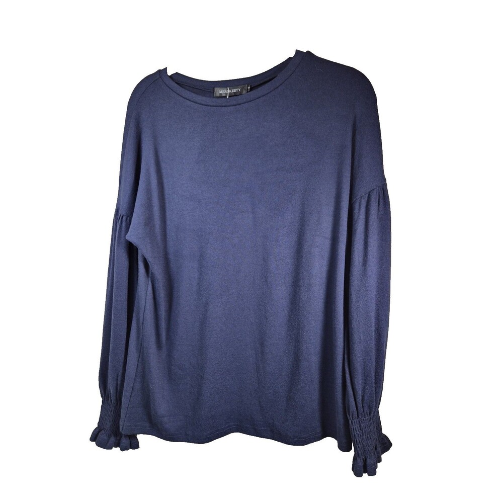 MEROKEETY Women's Long Balloon Sleeve Blouse Smocked Cuff Navy Blue NWT Size S